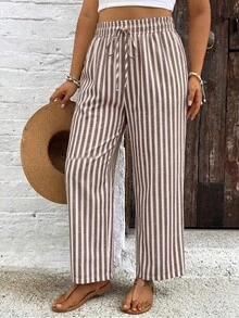 SHEIN VCAY Plus Size Women's Striped Drawstring Waist Casual Versatile Daily Outing Long Pants Fall - Multicolor - View 5