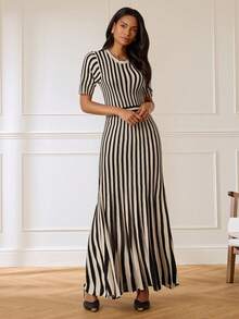 Lilora Women's Elegant Round Neck Striped Knit Dress, High-End Fashion Versatile Elegant Dress, Suitable For Commuting, Daily Casual Outings, Gatherings, Dates, Parties, Leisure, Outings, Holidays, Vacations, Summer, Holiday Travel - Black and White - View 5