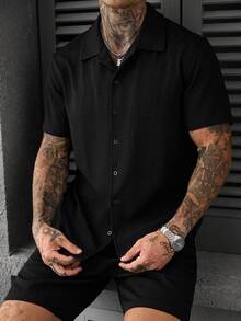 SLATEMANN Men's Solid Color Single-Breasted Short Sleeve Shirt And Shorts Casual Daily Set - Black - View 4