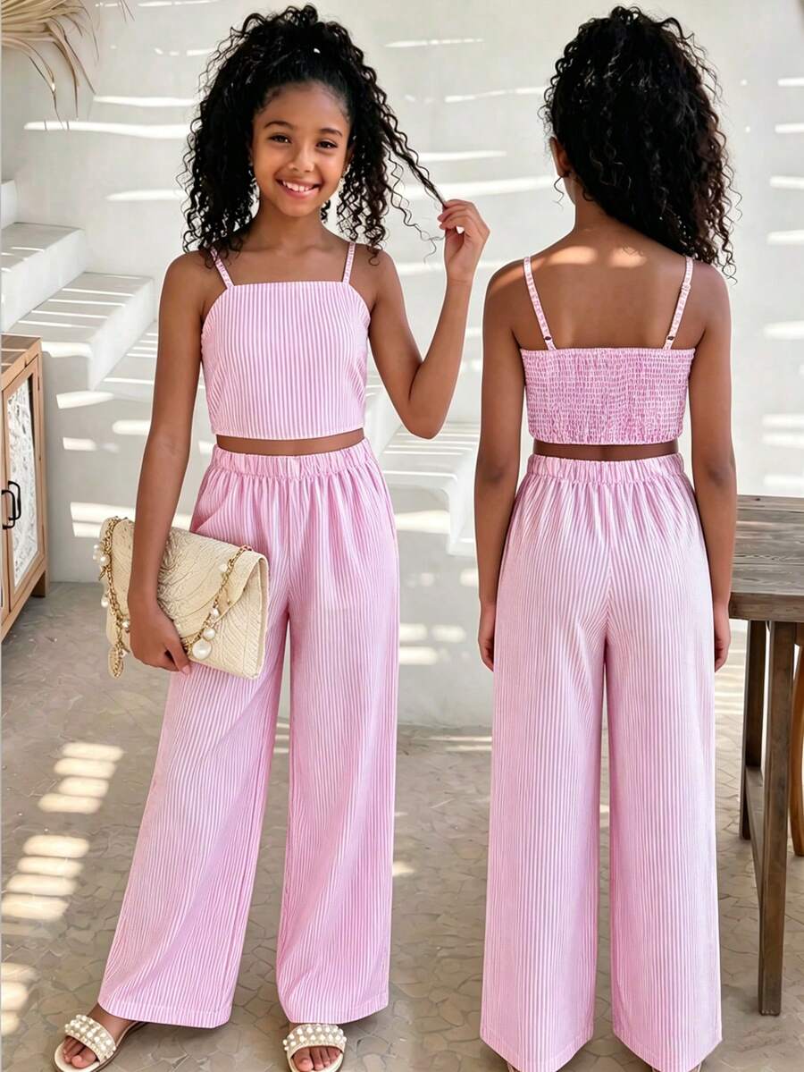 SHEIN 2件組女童休閒時尚極簡條紋布料後方抓皺細肩帶背心與條紋布料鬆緊腰寬腿長褲,寬鬆版型,舒適實用,適合秋季、春季、夏季,日常穿著、通勤、戶外玩耍、運動、學校、街頭穿搭、派對與拍照 - 粉色 - 查看 1