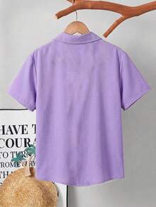 SHEIN 兒童男童休閒舒適短袖拼色襯衫 - 紫色 - 查看 2