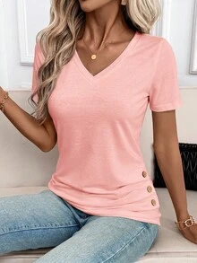 SHEIN Clasi 女款素色V領短袖鈕扣設計休閒百褶T恤 - 粉色 - 查看 4