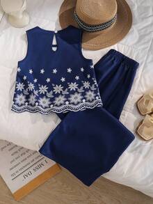 SHEIN Elladie kids 2件組女款大童春夏新款休閒通勤V領無袖印花寬鬆背心與收腰梭織寬鬆長褲日常休閒出遊兩件套 - 藏蓝色 - 查看 4
