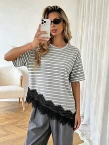 SHEIN Elladie kids 青少年女孩黑白條紋短袖寬鬆對比蕾絲休閒優雅T恤 - 彩色 - 查看 4