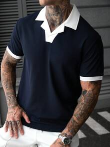 SLATEMANN Men's Summer Casual Colorblock Patchwork Polo Shirt - Navy Blue - View 6