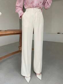 DAZY Spring Summer Autumn High Waist Straight Leg Wide Leg Beige Solid Color Woven Loose Fit Women's Long Pants - Beige - View 6