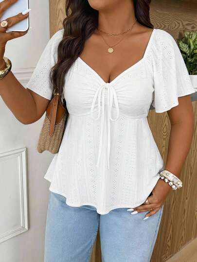 SHEIN Frenchy Casual Vacation White Textured Lace Fabric Off-Shoulder Drawstring Plus Size Women's T-Shirt Vacation Women's Off-Shoulder Summer Top