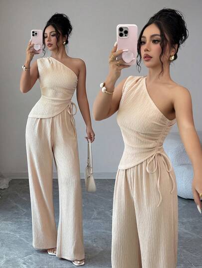 Elenzga Women's Summer New Elegant Vacation Set, Apricot Knit Off-Shoulder Fitted Asymmetrical Hem Top + Straight Leg Wide Leg Pants, Women's 2 Pieces Vacation Set