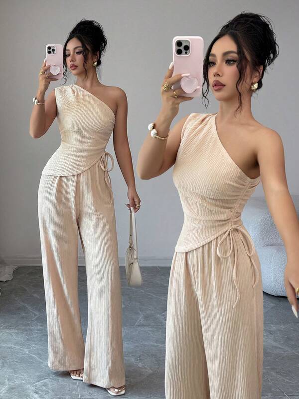 Elenzga Women's Summer New Elegant Vacation Set, Apricot Knit Off-Shoulder Fitted Asymmetrical Hem Top + Straight Leg Wide Leg Pants, Women's 2 Pieces Vacation Set
