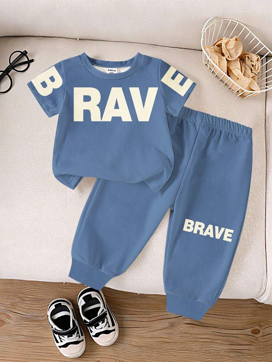 1套男嬰休閒時尚簡約字母印花"BRAVE"圖案圓領短袖T恤與長褲套裝,柔軟舒適的幼童男童夏日套裝 - 彩色 - 查看 1