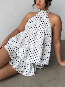 SHEIN Tall CURVE 大码女士波点印花吊带系带优雅连衣裙 - 黑與白 - 查看 7