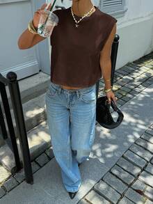 Siren Gaze Women's Solid Color Round Neck Cropped Tank Top Summer Beach Shades Of Brown Casual - Coffee Brown - View 4