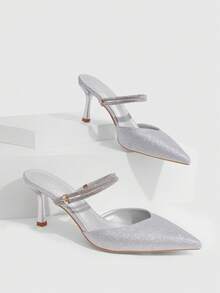 CUCCOO SZL Pointed Stiletto Silver Gretel Rhinestone Strip Women's High Heels Shoes Kitten Heels Banquet Wedding Versatile Temperament Socialite Temperament High Heels Women's Shoes - Silver - View 1