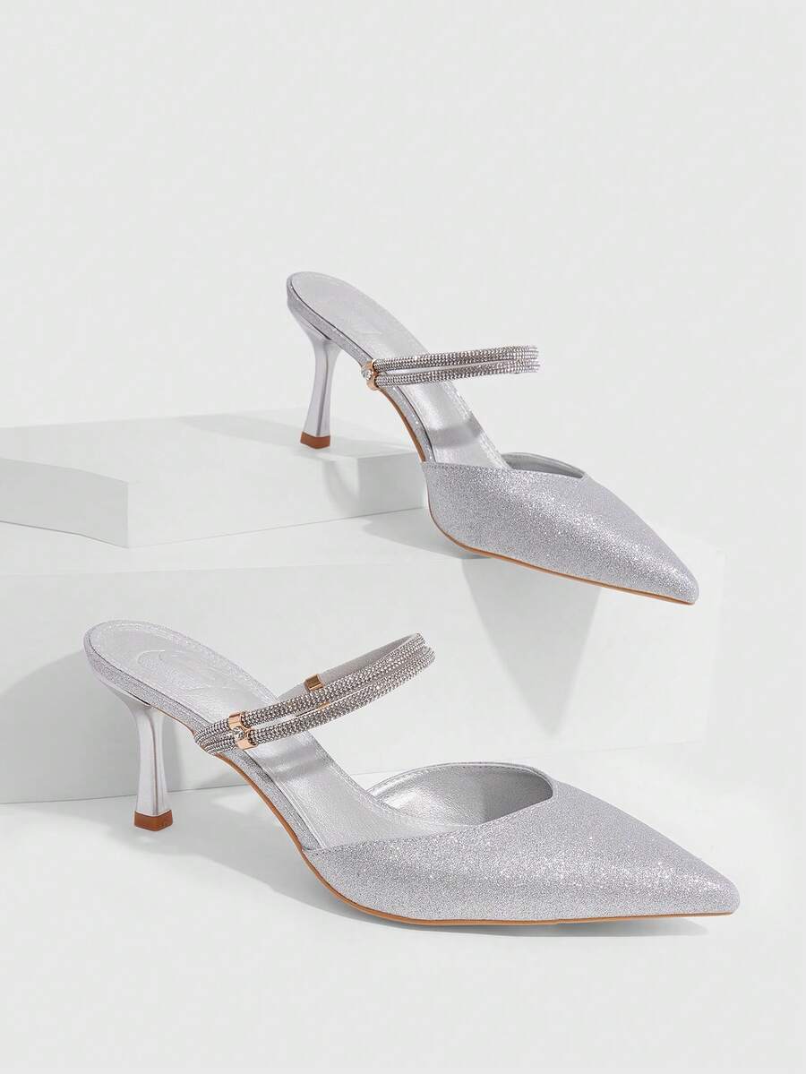 CUCCOO SZL Pointed Stiletto Silver Gretel Rhinestone Strip Women's High Heels Shoes Kitten Heels Banquet Wedding Versatile Temperament Socialite Temperament High Heels Women's Shoes - Silver - View 1