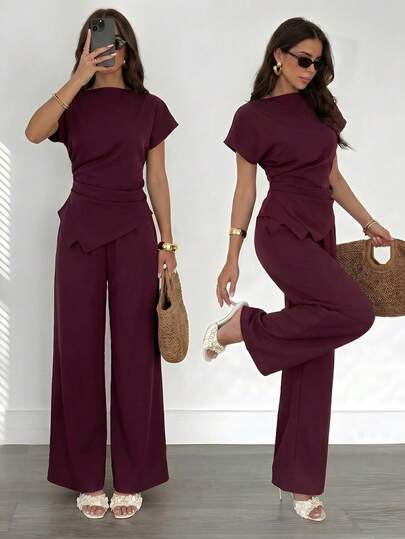 Firerie Women's Casual Elegant Plaid Asymmetric Hem Shirt And Wide Leg Pants 2pcs Set, Suitable For Commuting, Daily Casual And Fashion Business Wear/Women's Autumn Clothing 2pcs Set/Back To School 2pcs Set/Teacher Outfit 2pcs Set