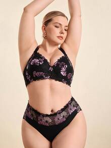 Hourtrue Plus Size Women 2pcs Romantic Lace Bra Set, Simple Casual Bra + Panty Set, Lift - Multicolor - View 4