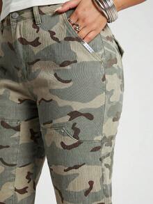 SUMWON WOMEN Camo Carpenter Capri Pants With Ruched Drawstring Hem And Cargo Pockets Summer Street Style - Beige - View 7