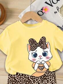 Summer Baby Girl Casual Multi-Piece Set, Brown & Apricot Leopard Print Cartoon Rabbit Pattern, Round Neck Short Sleeve T-Shirt & Shorts - Multicolor - View 3