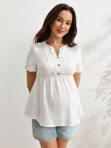 SHEIN 孕婦夏季休閒純色短袖襯衫 100%純棉 - 白色 - 查看 4
