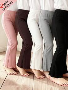 [2 Sets Randomly Sent]Girls Toddler Spring/Autumn Ribbed Flared Pants, High Waist Ruffle Hem Bell Bottom Long Pants, Soft Skin-Friendly Stretchy Slim Fit Children's Leggings, Multi-Color Randomly Sent, Versatile Casual Pants, Korean Minimalist Style Baby Snug Fit And Height-Enhancing Pants - Multicolor - View 3