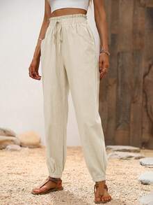 Breezaya Vacation Casual Versatile Solid Color Cuffed Long Pants - Apricot - View 6