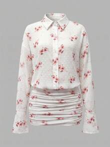 Cévolie Gaun Mini Kemeja Wanita Lengan Panjang Bahu Jatuh dengan Motif Bunga dan Detail Kerut - MultiWarna - View 4