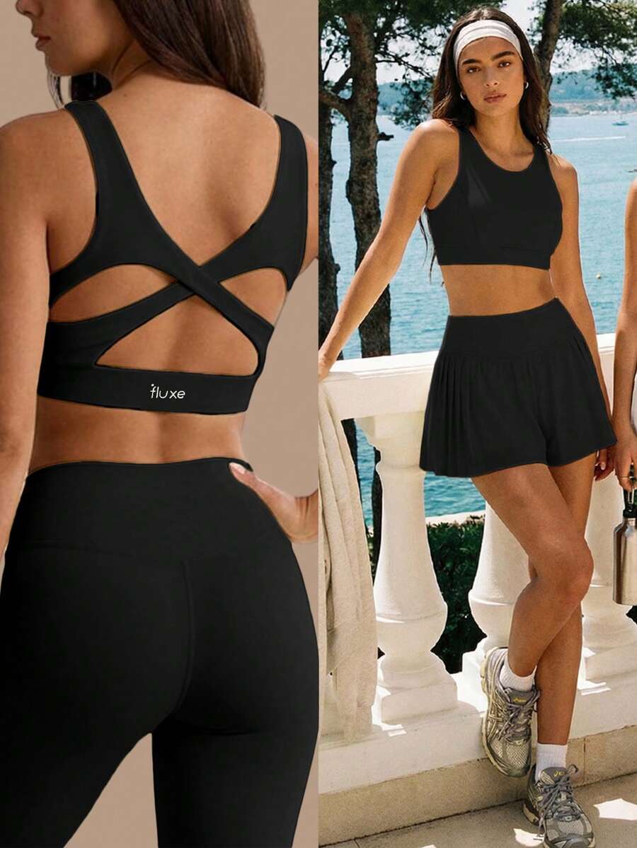 Fluxe Women's Solid Color Backless Round Neck Summer Sports Bra Top - Black - View 1