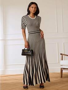 Lilora Women's Elegant Round Neck Striped Knit Dress, High-End Fashion Versatile Elegant Dress, Suitable For Commuting, Daily Casual Outings, Gatherings, Dates, Parties, Leisure, Outings, Holidays, Vacations, Summer, Holiday Travel - Black and White - View 6
