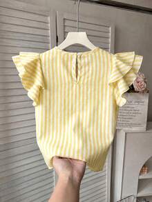 SHEIN LMoss Kids 女童編織素色圓領荷葉邊修身休閒襯衫 - 黃色 - 查看 2