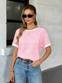 SHEIN PariChic Women's New Round Neck Short Sleeve Back Bow Striped Top, Suitable For Travel, Shopping And Dating Outfits - Pink - View 7