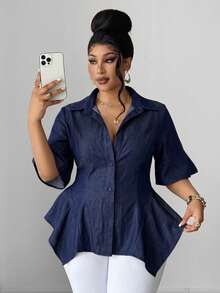 Maweii Spring/Summer Lapel Ruffle Waist Cinched Asymmetrical Hem Minimalist Casual Vacation Elegant Fashion Niche Design Daily Wear Date Wear Premium Feel New Essential Elegant Exquisite French Style Plus Size Women's Blouse - Navy Blue - View 5
