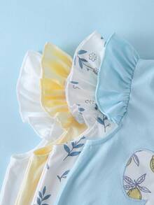 SHEIN Playful Pals 4套幼兒女童可愛休閒花朵櫻桃愛心印花荷葉袖柔軟兩件套夏季上衣短褲套裝 度假海灘穿搭 - 彩色 - 查看 3