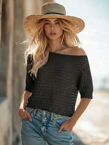 SHEIN Holidaya 夏季純色不對稱下擺鏤空針織上衣 - 黑色 - 查看 8