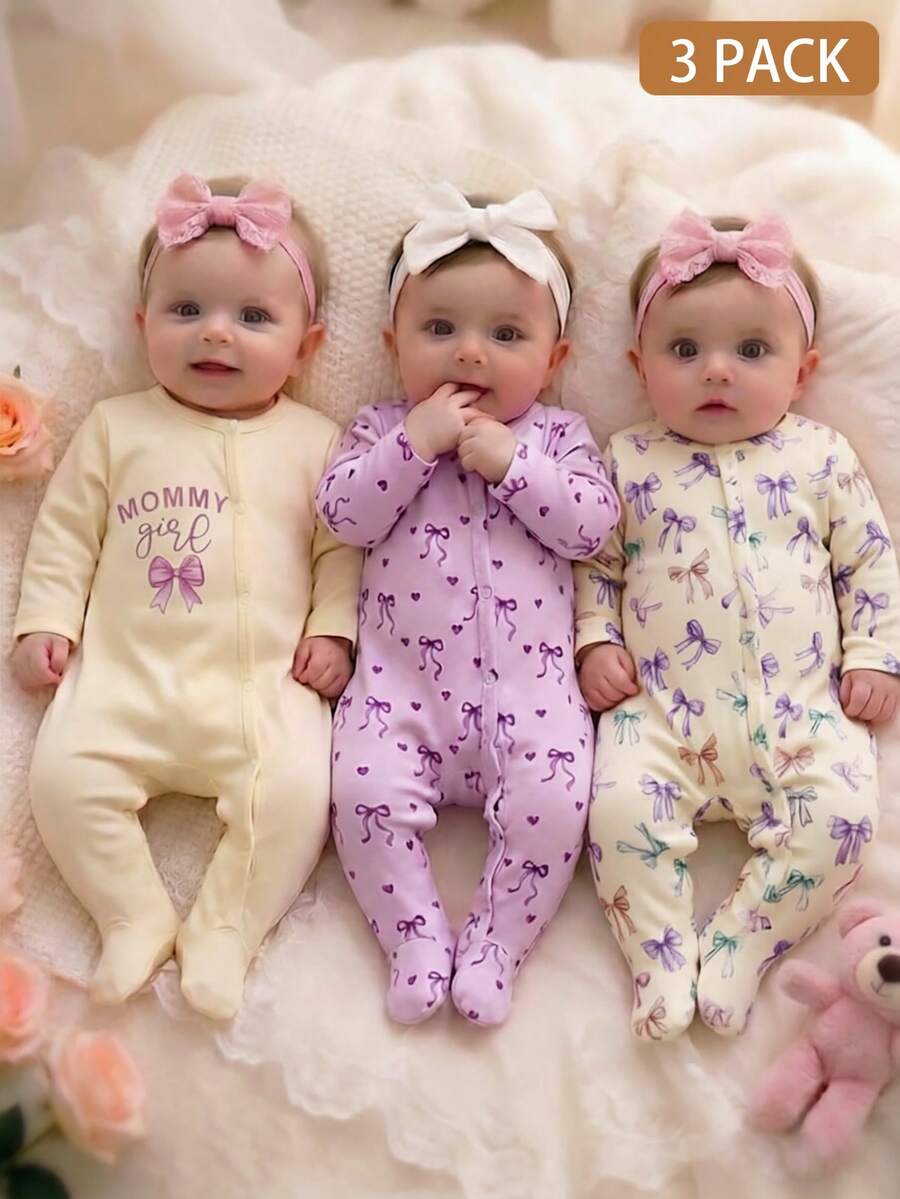 SHEIN 新生兒嬰兒3件套可愛粉色夏季連身褲 針織心形滿版印花 MOMMY 女孩蝴蝶結長袖按扣開合 親子套裝