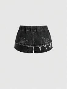 ROMWE Grunge Punk 女款黑色水洗牛仔短褲，金屬拉鍊、繫帶孔眼設計，龐克街頭風辣妹款，適合春夏 - 黑色 - 查看 2