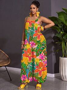 Slaydiva Casual Tropical Rainforest Leaf Print Plus Size Women's Apricot Camisole Jumpsuit Suitable For Spring And Summer - Multicolor - View 17