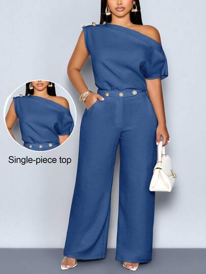 SOLERSUN Blusa de mujer talla grande de primavera/verano elegante con cuello asimétrico, sin mangas, botones metálicos, ajustada, de unicolor, blusa de un hombro, blusa de un hombro, blusa para oficina, cita, noche, oficina, viaje diario, modesta