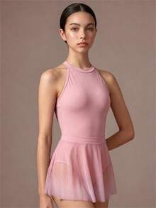 SHEIN Teen Girls' Dance Leotard And Skirt Set, Halter Neck, Gradient Mesh Design, Modern Style, Lyrical Elegant, Knit, Solid, Prom Summer Hot Pink - Baby Pink - View 3