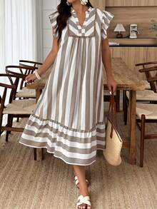 Weeklong Women's Plus Size Spring/Summer Casual Boho Vacation Loose White Ruffle Sleeve Ruffle Hem Dress, Suitable For Daily And Vacation Wear - Multicolor - View 3