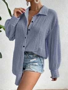 Breezaya 女款純色落肩長袖單排扣休閒襯衫 度假風 灰藍色 秋季沙灘 - 藍色 - 查看 4