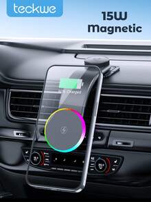 Teckwe 15W 磁吸無線車充支架，RGB 燈 MagSafe 車用手機架儀表板安裝，快速充電自動磁吸車充 - 無線充 - 查看 1