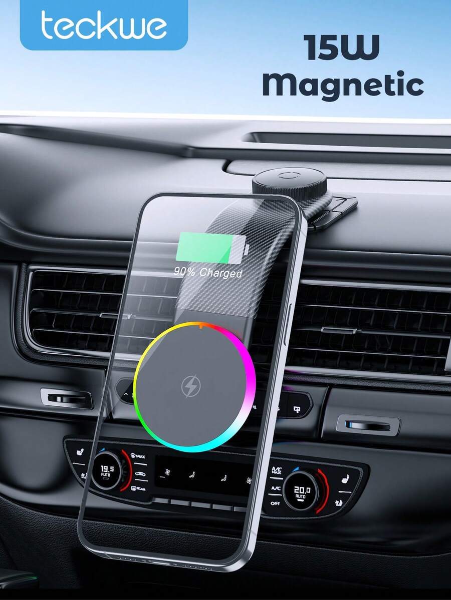 Teckwe 15W 磁吸無線車充支架,RGB 燈 MagSafe 車用手機架儀表板安裝,快速充電自動磁吸車充 - 無線充 - 查看 1