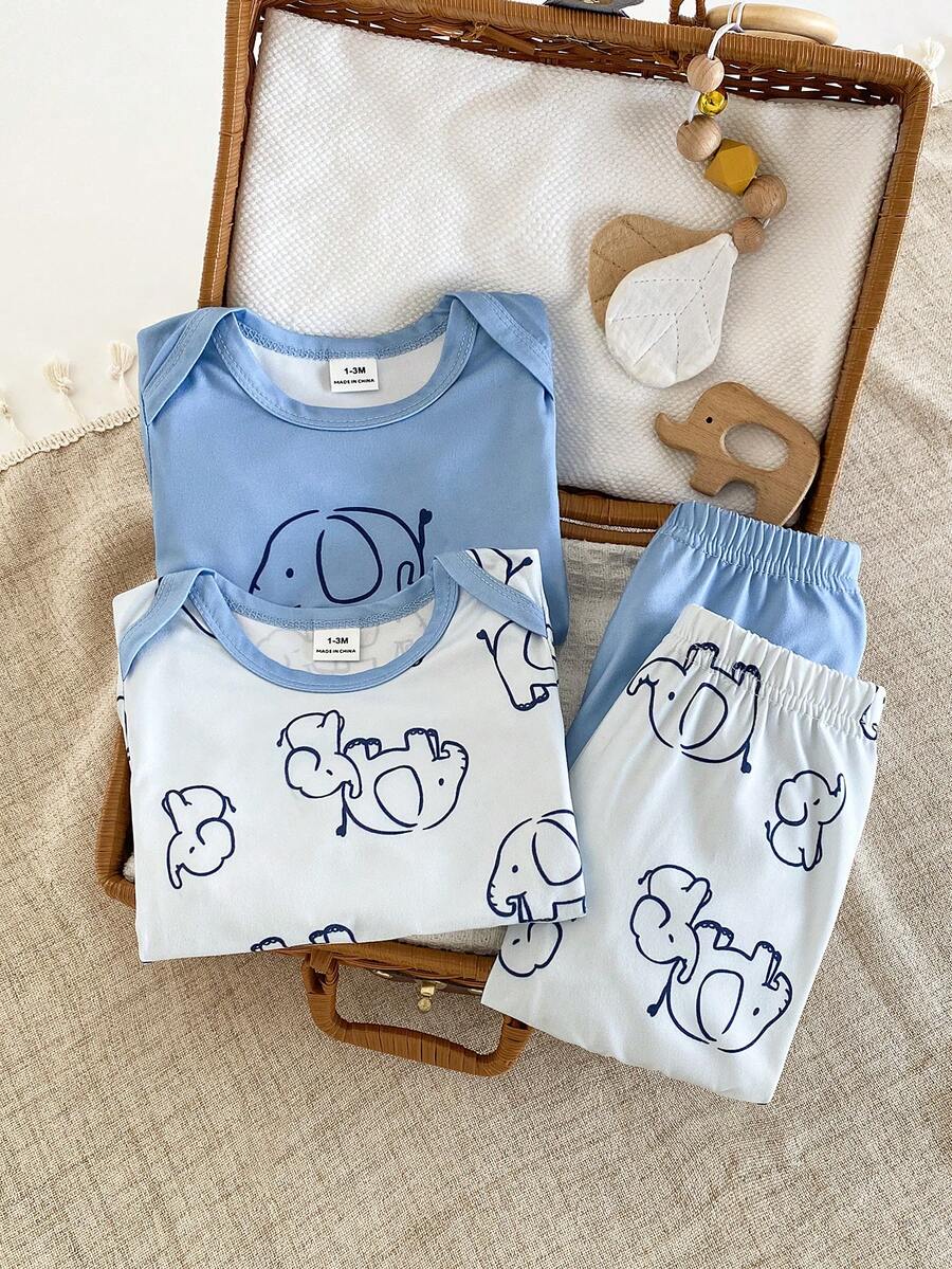 4pcs/Set Newborn Baby Spring/Summer Snug Fit Pajama Set With Cute Elephant Pattern Design, Soft Skin-Friendly Fabric, Comfortable Home Wear For Kids' - Multicolor - View 1