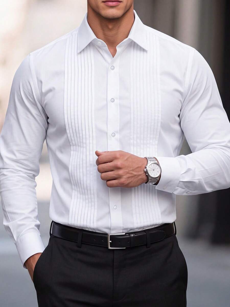 Manfinity Mode Men's Business Casual Versatile Solid Color Shirt, Ceremony - White - View 1