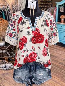 Linhara Plus Size Women's Summer New Vintage Floral Print Short Sleeve Shirt - White - View 1