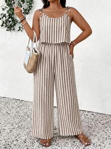 Jumpsuit Kasual Longgar Bergaris dengan Tali Pengikat untuk Wanita Ukuran Plus, Celana Panjang, Cocok untuk Pemakaian Sehari-hari dan Liburan - Coklat - View 1