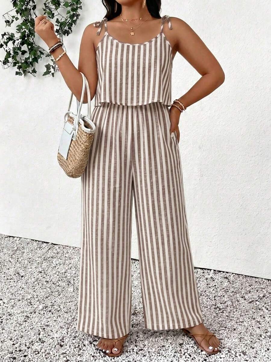 Jumpsuit Kasual Longgar Bergaris dengan Tali Pengikat untuk Wanita Ukuran Plus, Celana Panjang, Cocok untuk Pemakaian Sehari-hari dan Liburan - Coklat - View 1