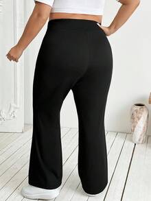 SHEIN CURVE+ 大码女式返校休闲家居服瑜伽舒适户外纯色针织弹力腰高腰喇叭裤，带蕾丝口袋的紧身裤 - 黑色 - 查看 9