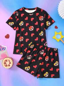 THE POWERPUFF GIRLS X SHEIN Conjunto de pijama infantil feminino com estampa floral e de corações, composto por camiseta e shorts. Ideal para primavera/verão. - Preto - Ver 1