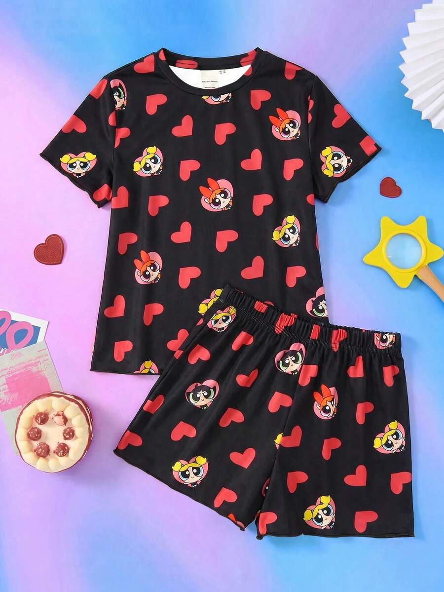 THE POWERPUFF GIRLS X SHEIN Conjunto de pijama infantil feminino com estampa floral e de corações, composto por camiseta e shorts. Ideal para primavera/verão. - Preto - Ver 1